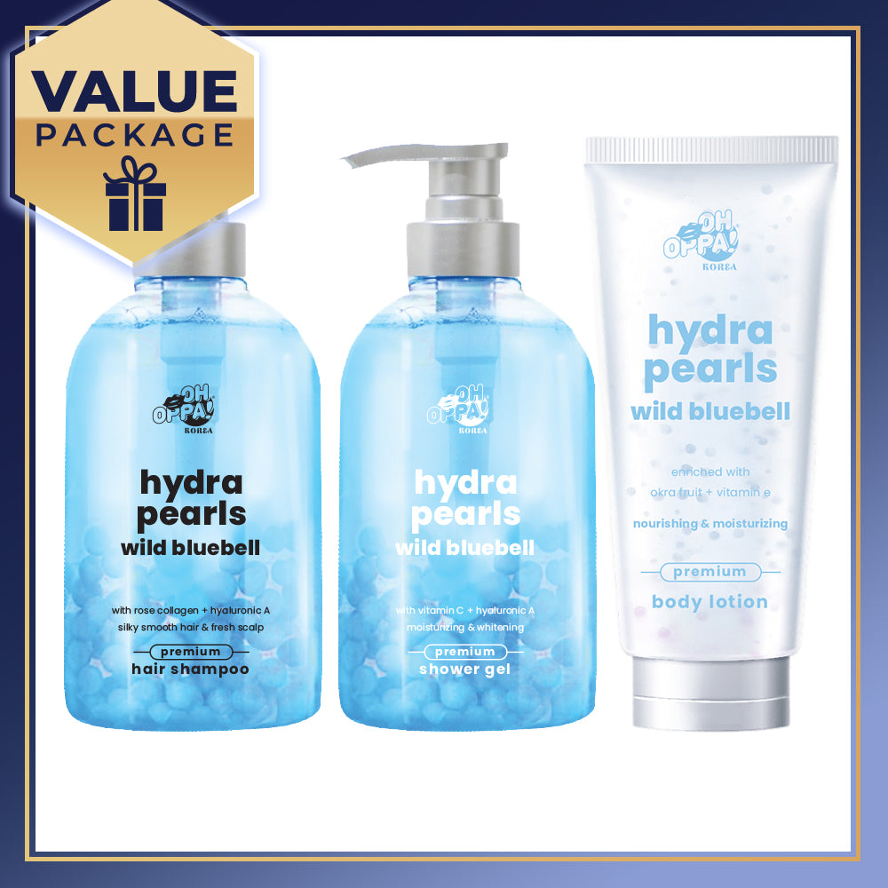 Oh Oppa Hydra Pearl Wild Bluebell Premium Body Shower Gel 500ml + Hair Shampoo 500ml + Body Lotion 150g